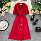 Single-breasted Short-sleeve Midi A-line Dress