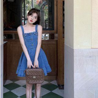 Plain Button-up Denim Overall Dress