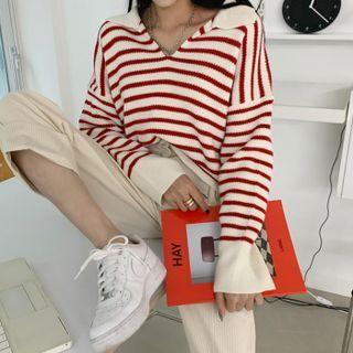 Collared V-neck Stripe Sweater
