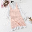 Set: Dotted Bell-sleeve Midi A-line Dress + Knit Pinafore Dress