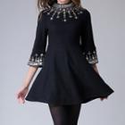 3/4-sleeve Embellished Mini A-line Dress