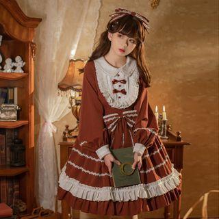 Long-sleeve Peter Pan Collar Ruffle Trim A-line Dress