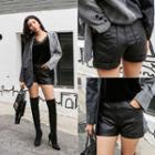 Cuff-hem Synthetic Leather Shorts