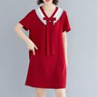 Short-sleeve Color Block Ribbon Mini Chiffon Dress