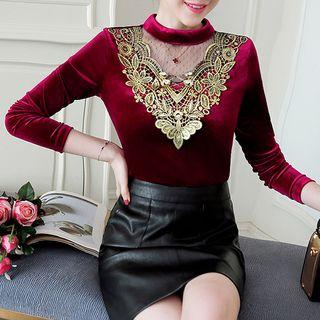 Embellished Velvet Long-sleeve Top