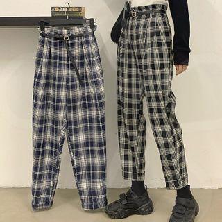 High-waist Plaid Cropped Straight Leg Pants
