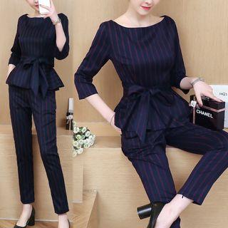 Set: 3/4 Sleeve Stripe Tie-waist Blouse + Cropped Tapered Dress Pants