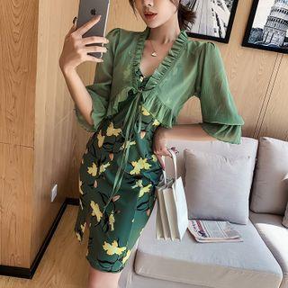 Set: Flower Print Spaghetti Strap Sheath Dress + Cropped Elbow-sleeve Light Jacket