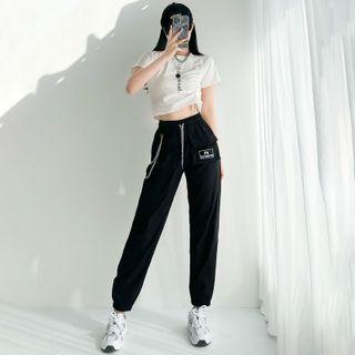Lettering Cropped T-shirt / Sweatpants With Chain