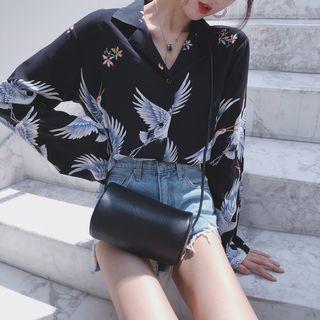 Printed Long-sleeve Shirt Navy Blue - One Size