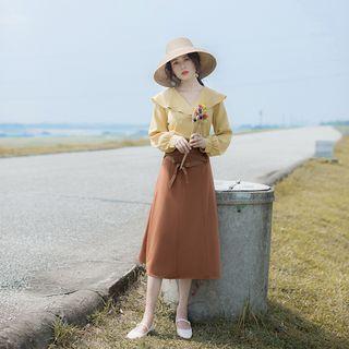 Set: Long-sleeve Double Breasted Top + Midi Skirt