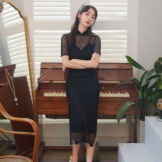 Lace Panel Short-sleeve A-line Qipao