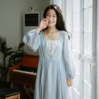Embroidered Long-sleeve Tie-waist Maxi A-line Dress