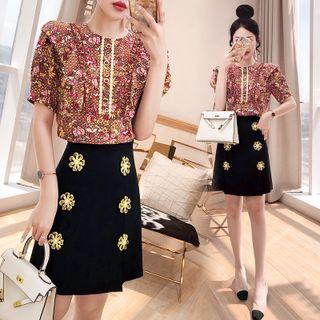 Set: Short-sleeve Floral Print Top + Mini Skirt
