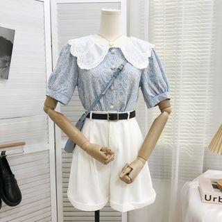 Scalloped Collar Embroidered Cropped Blouse