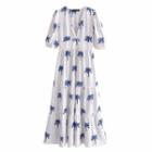 Puff-sleeve Palm Tree Embroidered Midi A-line Dress