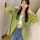 Long-sleeve Striped Loose-fit Shirt Green - One Size