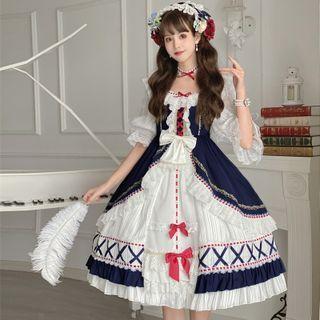 Set: Puff-sleeve Ruffled Bow A-line Dress + Choker