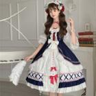 Set: Puff-sleeve Ruffled Bow A-line Dress + Choker