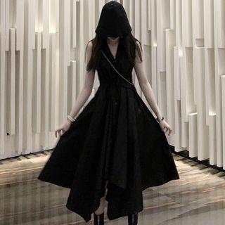 Irregular Hem Collared Sleeveless Midi A-line Dress