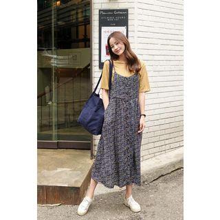 Spaghetti-strap Buttoned Floral Long Dress