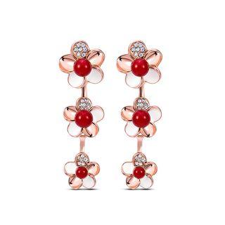 Fashion Flower Plated Rose Gold Earrings With White Cubic Zircon And Red Fashion Pearls