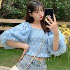Floral Print Balloon-sleeve Cropped Blouse Blue - One Size