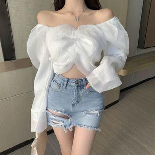 Off-shoulder Puff Sleeve Chiffon Crop Top
