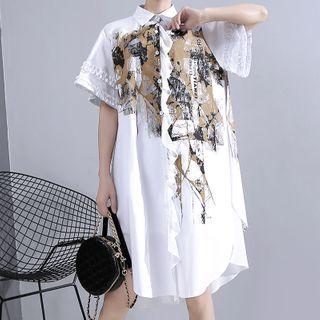 Short-sleeve Printed Panel Ruffled Shirtdress White - One Size