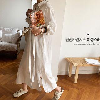 Cotton Maxi Shirtdress With Sash Ivory - One Size