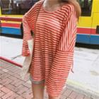3/4-sleeve Hooded Striped T-shirt