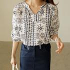 Tie-neck 3/4-sleeve Printed Top