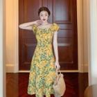 Square Collar Floral A-line Midi Dress Yellow - One Size