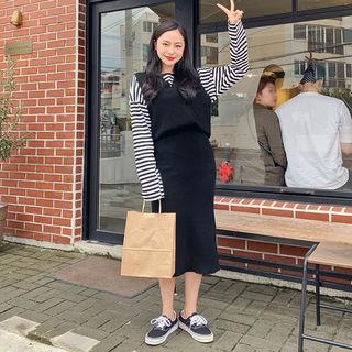 V-neck Vest & Midi Skirt Knit Set