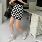Checkerboard Knit Mini Pencil Skirt Check - Black & White - One Size