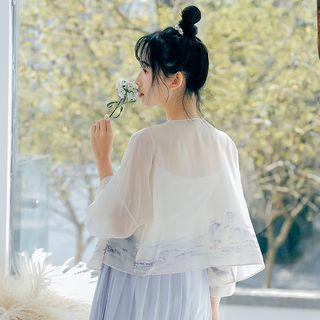 3/4-sleeve Printed Open Front Chiffon Jacket