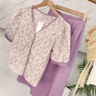 Set : Floral Single-breasted Top + Plain Skirt