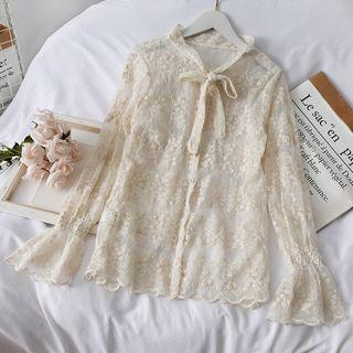 Ribbon-neckline Lace Blouse