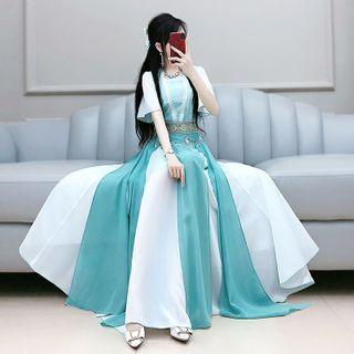 Short-sleeve Two Tone A-line Midi Dress Green - S