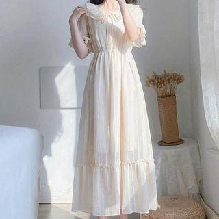 Short-sleeve Ruffle Trim Tie-neck Dress