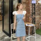 Ruffled Trim Sleeve Square-neck Argyle Print A-line Mini Dress