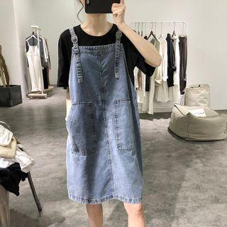 Double-pocket Denim Midi Pinafore Dress