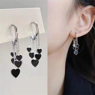 Heart Drop Earring 1 Pair - Black & Silver - One Size