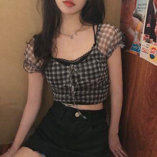 Short-sleeve Plaid Blouse Plaid - Black & White - One Size