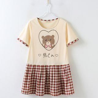 Bear Print Plaid Panel Short Sleeve T-shirt