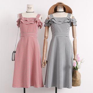 Off-shoulder Ruffled-trim Plaid A-line Dress