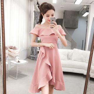 Off-shoulder Short-sleeve Ruffle-trim A-line Dress