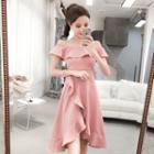 Off-shoulder Short-sleeve Ruffle-trim A-line Dress
