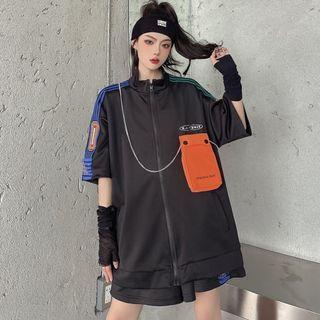 Set: Short-sleeve Zip Jacket + Wide Leg Shorts