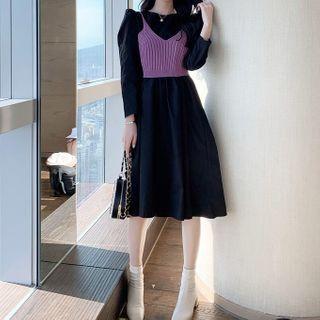 Set: Long-sleeve Midi A-line Dress + Rib Knit Camisole Top